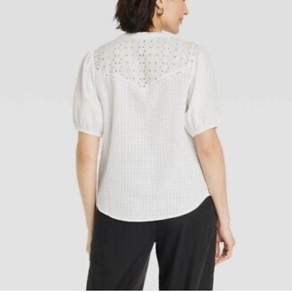 Knox Rose Plus Size Eyelet Textured Button Down Short Sleeve Blouse- White - Picture 2 of 13